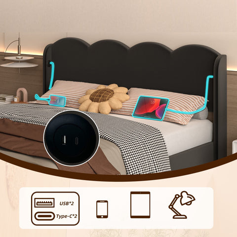 Rootz Double Bed Frame - Padded Bed - Velvet Bed - Hydraulic Storage - USB Charging - 205cm x 168cm x 96cm