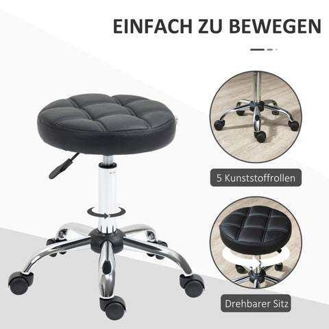 Rootz Salon Stool - Rolling Stool - Adjustable Height Stool - Faux Leather - Swivel Stool - 35.5cm x 51-67cm - Black+Silver