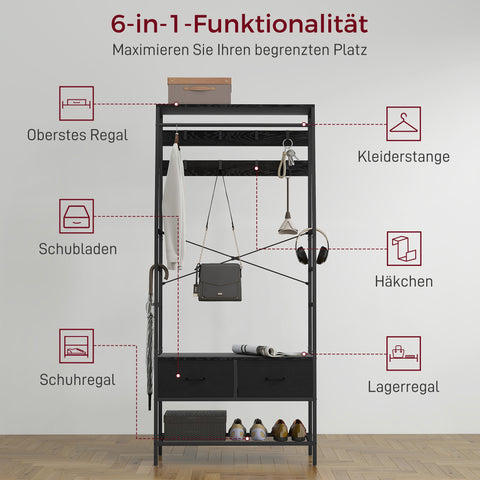 Rootz Cloakroom Stand with Shoe Shelf - Clothes Organizer - Industrial Design Rack - Easy-Access Storage - 80cm x 30cm x 180.5cm - Black