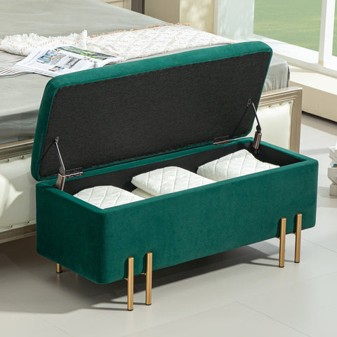 Rootz Upholstered Storage Bench - Bed Bench - Footrest - Hidden Storage - 100 x 40 x 42 cm - Green Velvet Finish