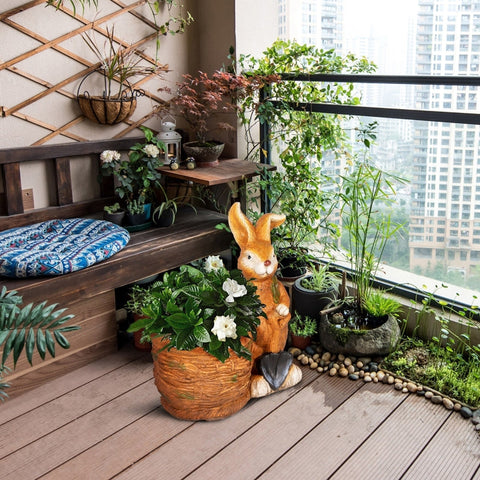 Rootz Flower Pot - Rabbit with Wicker Basket - Whimsical Garden Planter - Weatherproof Resin - 45cm x 27cm x 50cm - Brown