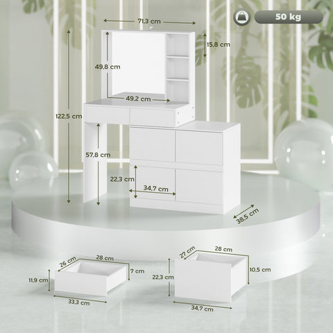 Rootz Dressing Table - Make-up Vanity - Beauty Station - Large Mirror - 122.5cm x 71.3cm x 38.5cm - MDF, White - Ample Storage Space