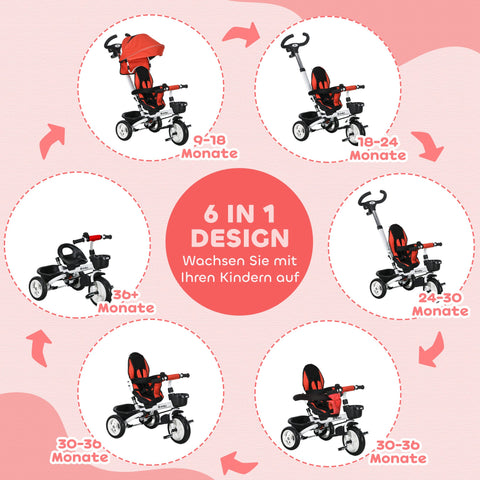 Rootz 6-in-1 Children's Trike - Kids Tricycle - Toddler Bike - Grows with Child - 112cm x 50cm x 104cm - Red