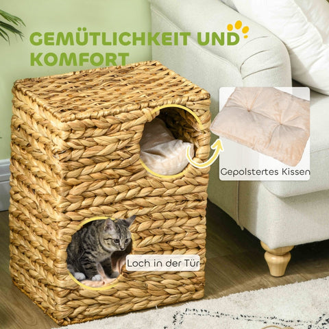 Rootz Cat Tower - Scratching Post - Three-Story Cat Condo - Washable Cushions - Natural Water Hyacinth - 40cm x 31cm x 55cm
