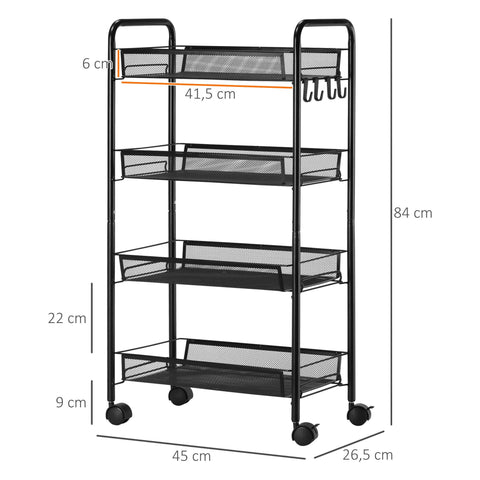 Rootz Trolley with 4 Hanging Baskets - Serving Trolley - Mobile Cart - Steel, Lockable Wheels - 45cm x 26.5cm x 84cm - Extra Storage Space