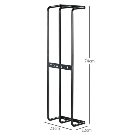 Rootz Wall Mounted Towel Rail - Towel Rack - Bath Towel Holder - Vertical Design - Space Saving - Durable Metal - Black Finish - 21cm x 12cm x 74cm