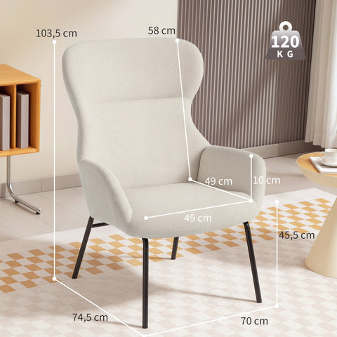 Rootz Modern Upholstered Chair - Accent Armchair - Wingback Seat - High Comfort - White - Steel Legs - 70cm x 74.5cm
