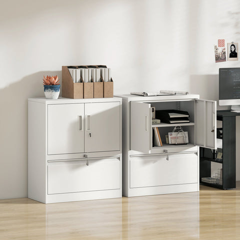 Rootz Filing Cabinet - Office Cabinet - Steel Storage Locker - Lockable Organizer - Secure Storage - White - 80 x 40 x 95 cm