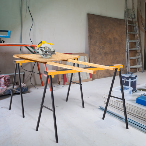Rootz Set of 2 Folding Sawhorses - Compact Design & Carry Handle - Sturdy Metal - 100cm x 50cm x 76cm - Non-Slip Surface - Black & Yellow