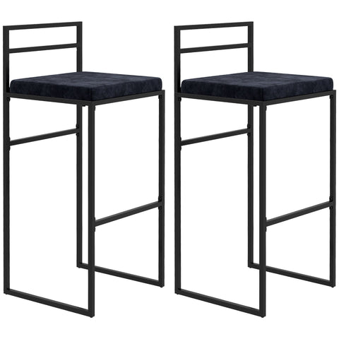Rootz Set of 2 Velvet Bar Stools - High Chairs - Kitchen Stools - Comfortable Footrest - 42W x 40D x 91H cm - Black