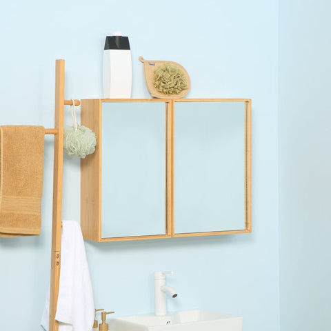 Rootz Kleankin Bathroom Cabinet with Mirror Doors - Storage Solution - Wall-Mounted Cabinet - Bamboo Housing - 65.2cm x 14cm x 50cm