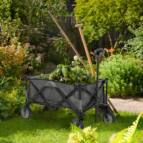 Rootz Garden Trolley - Cargo Traile On Wheels - Folding Handcart - 5 Side Pockets - Adjustable Handle - Up To 120 Kg - Steel - Dark Gray - 100 x 55 x 93 cm