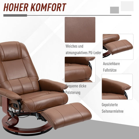 Rootz Recliner Chair - Swivel TV Chair - Faux Leather - 145° Tilting Backrest - 360° Rotating Base - Brown - 78cm x 87cm x 100cm
