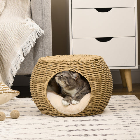 Rootz 2 Level Cat House - Cat Basket - Cat Cave - Cozy Retreat - Ø 40 x 30 cm - Brown Resin Rattan with Soft Cushion