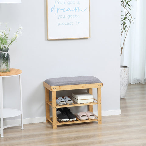 Rootz Bamboo Shoe Bench - Entryway Organizer - 2 Tier Shelf - Integrated Pillow - Durable Bamboo - 60cm x 29cm x 50cm