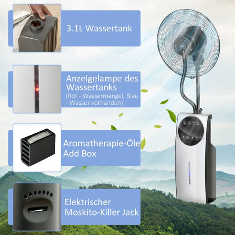 Rootz 2-in-1 Ventilator - Pedestal Fan - Mist Fan - Adjustable Mist Levels - Aromatherapy Compatible - Programmable Timer - Ø 44.5 x 135H cm - Silver + Black