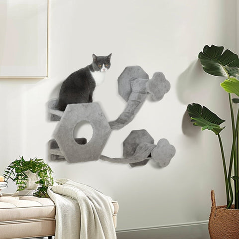 Rootz Cat Climbing Wall - Cat Paradise - Wall Mounted Cat Tree - Space Saving - Soft Plush - Chipboard Construction - Light Gray - 154cm x 30cm x 38cm