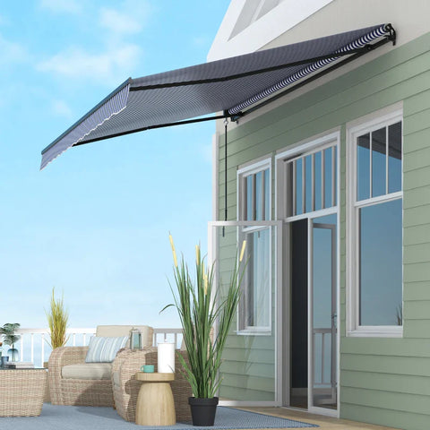 Rootz Sun Awning - Wall Mount - Awning Patio - Hand Crank - Weather Resistant - Aluminum-Metal - Blue - White - 365cm X 300cm
