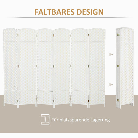 Rootz 6-Part Room Separator - Foldable Privacy Screen - Pine Wood Divider - Durable & Stylish - 240cm x 1.6cm x 170cm White