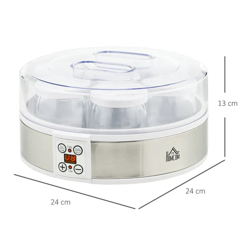 Rootz Yogurt Maker - Yogurt Machine - Kitchen Appliances - Including 7 Glasses - Stainless Steel - Silver + White - 24 cm x 24 cm x 13 cm