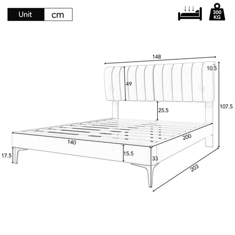 Rootz Gray Upholstered Bed - Modern Bed Frame - Easy-Care Bed - Removable Backrest - PU Material - 203cm x 148cm x 107.5cm