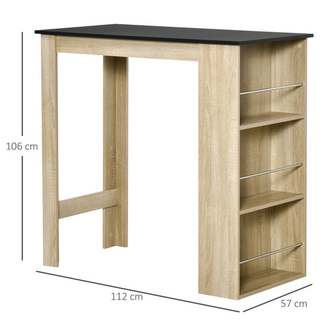 Rootz High Bar Table - Kitchen Work Desk - Space-Saving Storage - 112L x 57W x 106H cm - Black Oak Look with 3 Shelves