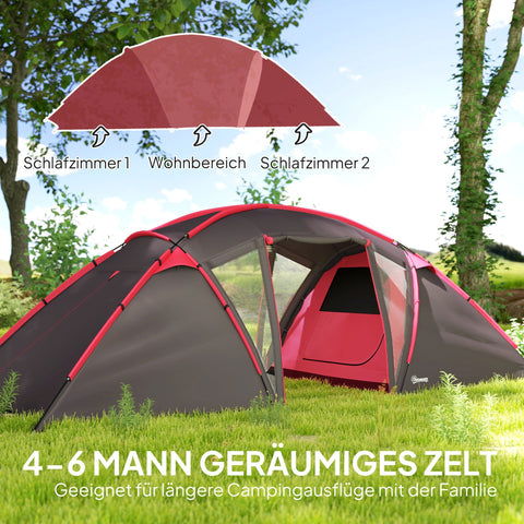 Rootz Tunnel Tent - Camping Tent - 4-6 Person Shelter - Water-Resistant - 6.15m x 2.35m x 1.95m - Grey and Red