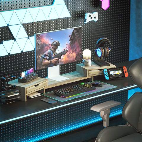 Rootz Monitor Stand - PC Desk Organizer - Screen Riser - Ergonomic Design - 60-116cm Adjustable - Dual Drawers - Brown