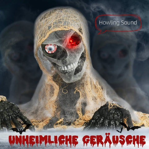 Rootz Animated Halloween Decoration - One-eyed Mummy - Flex Arms - Touch/Loud Noise Activation - Rotating Head - Eerie Glow - 55cm x 18cm x 35cm