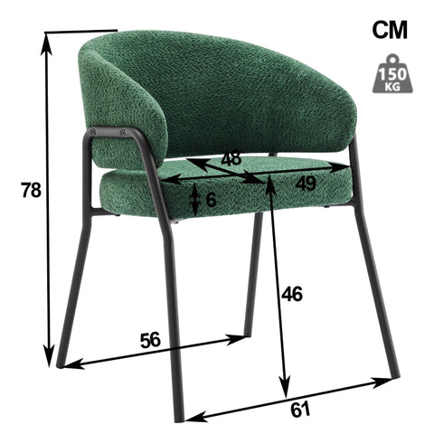 Rootz Dining Chair - Armchair - Lambskin Look - Ergonomic Comfort - Velvet Fabric - 49cm x 48cm x 78cm - Dark Green