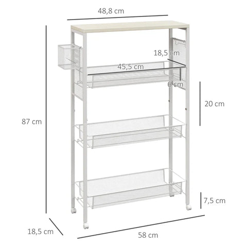 Rootz Niche Trolley - Multi-purpose Trolley - Kitchen Trolley - 3 Shelves - Hooks - Chipboard - White - 58 cm x 18.5 cm x 87 cm