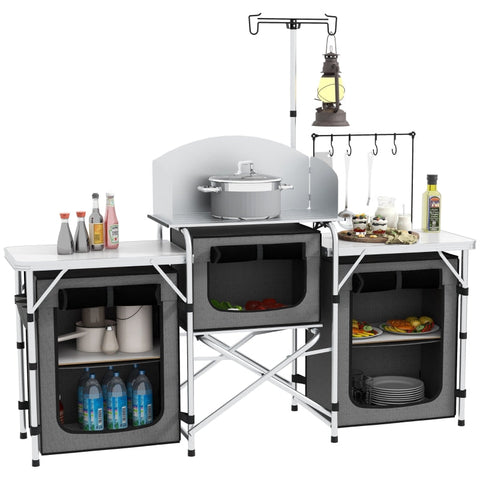 Rootz Camping Kitchen - Outdoor Cooking Station - Portable Camp Kitchen - Ample Storage - Adjustable Lamp Stand - 172L x 48W x 119H cm