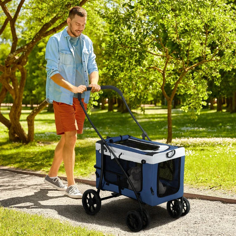 Rootz Hondenbuggy - 2 Veiligheidslijnen - Hondenkar - Opvouwbaar - Afneembare mand - Regenhoes - Oxfordstof - Staal - Donkerblauw - 81L x 58W x 97,5H cm