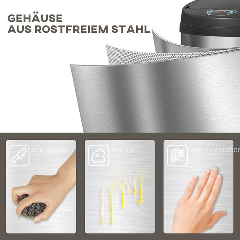 Rootz Sensor Waste Bucket - Touch-Free Trash Bin - Soft-Close Lid - Hygienic Kitchen Essential - 42L - Stainless Steel - 30.5cm x 30.68cm