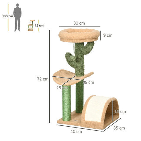 Rootz Cactus Design Cat Tree - Scratching Post - Climbing Cat Tree - Sisal Wrapped Posts - Chipboard Base - Teddy Velor - 40cm x 35cm x 72cm