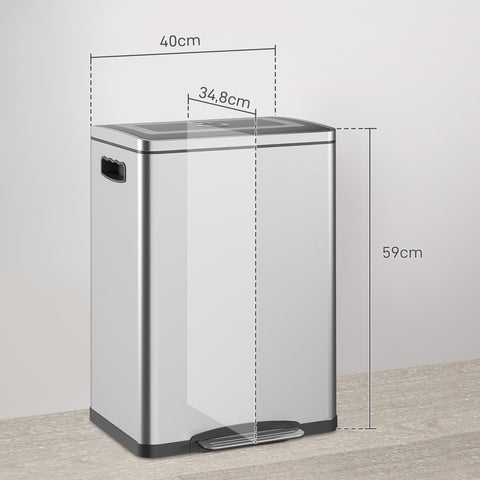 Rootz Garbage Can - Waste Bin - Trash Container - Quiet & Hygienic Experience - Stainless Steel, Silver, 2x 20L - 40cm x 34.8cm x 59cm