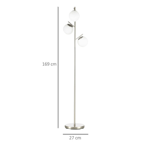 Rootz Vloerlamp Met 3 Glazen Lampenkappen - E27 - Voetschakelaar - Metaal - Glas - Zilver + Wit - Ø27 x 169H cm