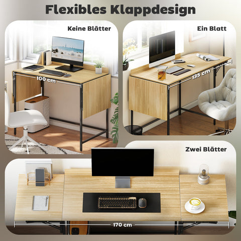 Rootz Foldable Computer Table - Expandable Desk - Space-Saving Office Table - Robust & Sturdy - 170cm x 58cm x 78cm
