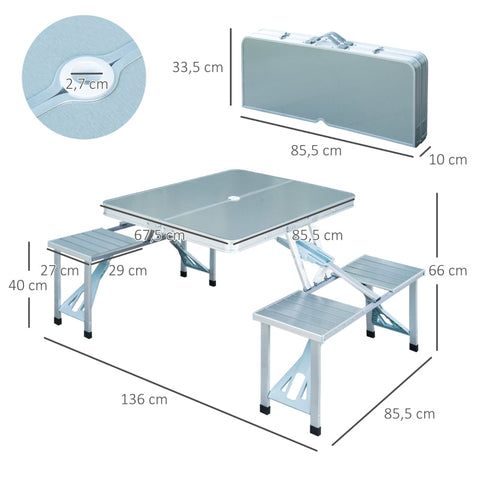 Rootz Aluminum Camping Table with 4 Seats - Folding Picnic Table - Portable Outdoor Table - Space-Saving Design - Durable Construction - Versatile Use - 136cm x 85.5cm x 66cm