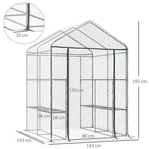 Rootz Walk-In Film Greenhouse - Garden Shed - Plant Shelter - Extends Growing Season - 6 Shelves - Roll-Up Zippered Door - 143cm x 143cm x 195cm