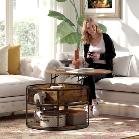 Rootz Round Coffee Table - Lifting Table Top - Storage Coffee Table - Space-Saving Design - Ø80cm x 47-61.5H cm - Brown