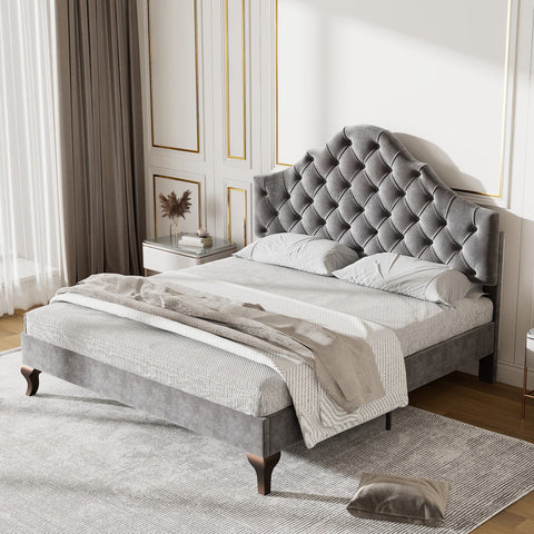 Rootz Upholstered Bed - Adjustable Headboard - Slatted Frame - Velvet Comfort - 203cm x 140cm x 118-124cm - Gray
