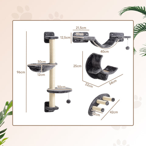 Rootz 4-Part Cat Climbing Wall Set - Cat Tree - Wall-Mounted Cat Furniture - Space-Saving Design - Double Jumping Platform 30x30x96 cm - Grey, Brown