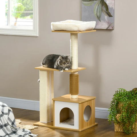 Rootz Scratching Post - Cat Tree - Cat Cave - 1 Cat Cave - 1 Lying Surface - Brown + White - 59.5 cm x 39.5 cm x 114 cm
