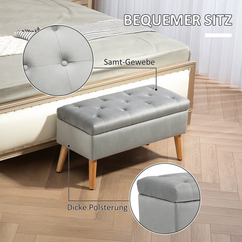 Rootz Upholstered Storage Bench - Velvet Stool - Padded Chest - Comfort Seating - 80cm x 35cm x 40cm - Grey