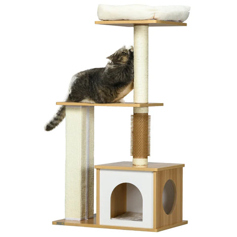 Rootz Scratching Post - Cat Tree - Cat Cave - 1 Cat Cave - 1 Lying Surface - Brown + White - 59.5 cm x 39.5 cm x 114 cm