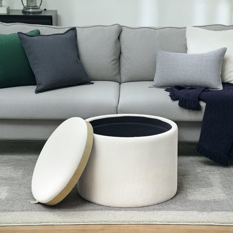 Rootz Round Storage Stool - Footrest - White Ottoman - Hidden Storage - 42cm Height