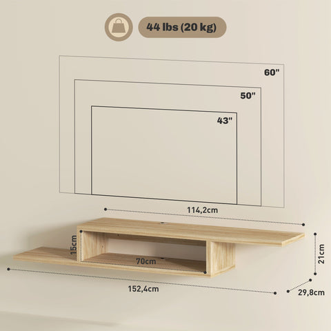 Rootz Floating TV Wall Shelf - Hanging TV Bracket - Floating Wall Shelf - Cable Grommets - Optimize Space - 152.4cm x 29.8cm x 21cm Brown