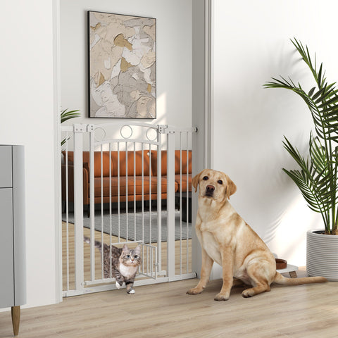 Rootz Adjustable Pet Gate - Stair Gate - Dog Gate - Secure Locking - 76-104W x 106H cm - Includes Cat Door