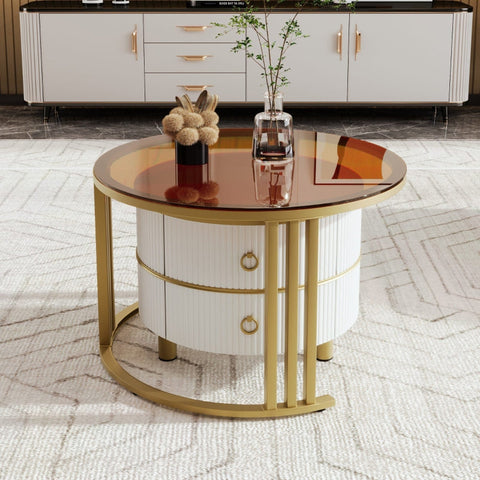 Rootz 2-in-1 Coffee Table Set - Modern Living Room Table - Round Glass Tables - Storage Drawers - 70x70x45cm & 50x50x40cm